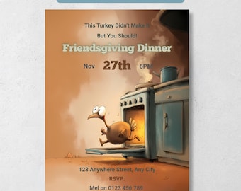 Grappige uitnodiging voor Friendsgiving, bewerkbare Canva-sjabloon, uitnodiging voor een kalkoendiner, direct digitaal te downloaden, inclusief gratis bonus voor de feestplanner.