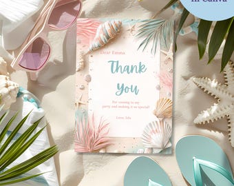 Editable Teen Girl Thank You Card, Pastel Coastal Beach Party Printable, Birthday Party Thank You Notes