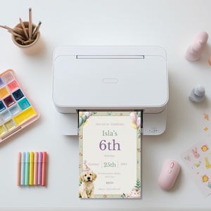 Puppy birthday invitation printing from a home printer, watercolor dog party invite ready to print
