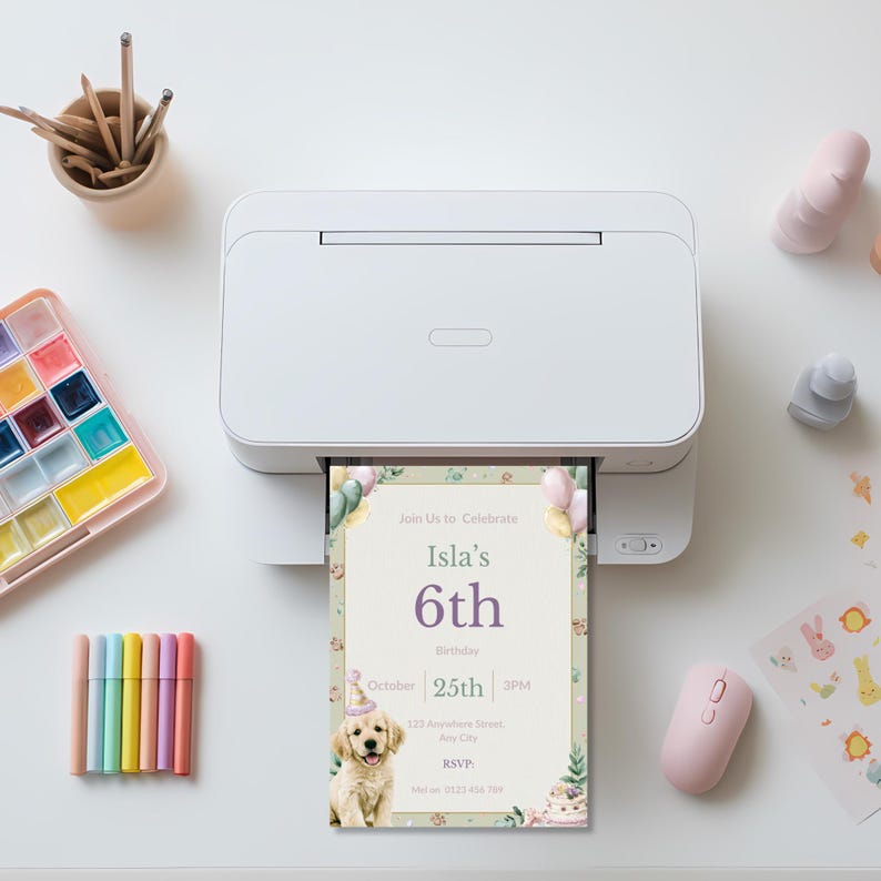 Puppy birthday invitation printing from a home printer, watercolor dog party invite ready to print