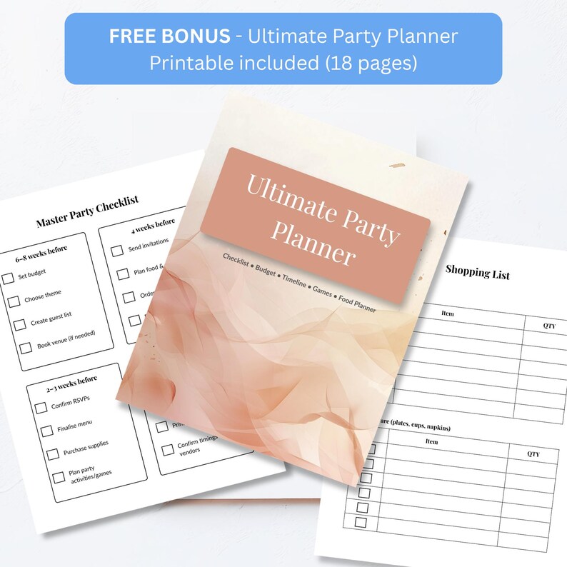 Free bonus Ultimate Party Planner printable, 18 pages including checklist, budget tracker, shopping list, and party timeline