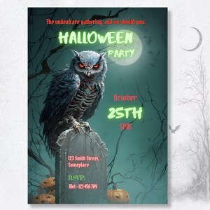 Scary Halloween party invite with zombie owl on tombstone, editable gothic Canva template, neon green horror typography, printable digital download