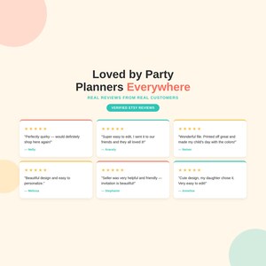 Social proof graphic for an Etsy shop titled 'Loved by Party Planners Everywhere, Real Reviews From Real Customers' with a 'Verified Etsy Reviews' badge. Six five-star review cards on a cream background with coral, teal, and yellow accents: Nelly - 'Perfectly quirky, would definitely shop here again!'; Aracely - easy to edit, friends loved it; Neiner - great print quality; Melissa - easy to personalize; Stephanie - helpful seller; Annelise - easy to edit.