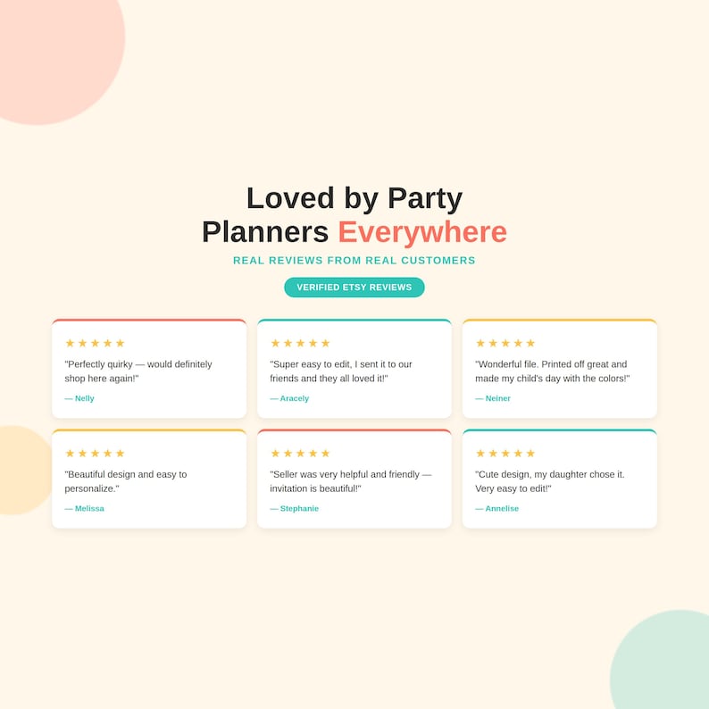 Social proof graphic for an Etsy shop titled 'Loved by Party Planners Everywhere, Real Reviews From Real Customers' with a 'Verified Etsy Reviews' badge. Six five-star review cards on a cream background with coral, teal, and yellow accents: Nelly - 'Perfectly quirky, would definitely shop here again!'; Aracely - easy to edit, friends loved it; Neiner - great print quality; Melissa - easy to personalize; Stephanie - helpful seller; Annelise - easy to edit.