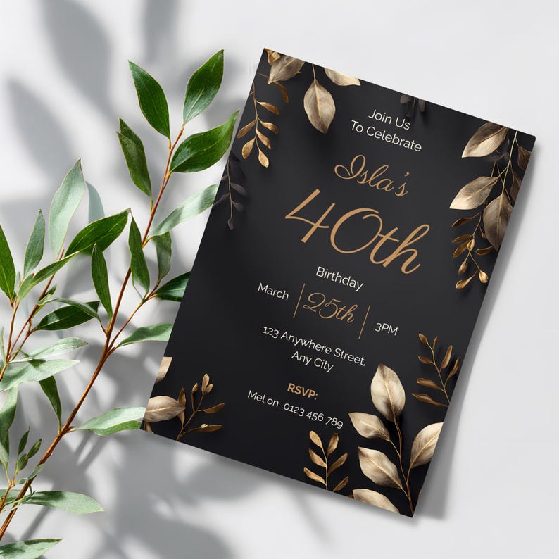 Elegant 40th birthday invite with dramatic lighting and gold botanical accents, upscale cocktail party invitation