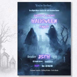 Invite with castle/graveyard backdrop | Adult Halloween party invite printable with haunted castle backdrop, editable text in Canva, instant download