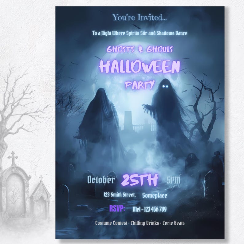 Invite with castle/graveyard backdrop | Adult Halloween party invite printable with haunted castle backdrop, editable text in Canva, instant download