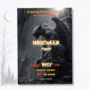 Gothic Halloween party invitation with dark castle and crescent moon background, gargoyle graveyard design, editable Canva template printable