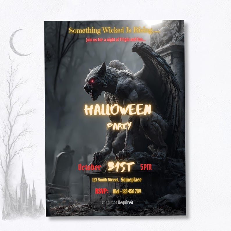 Gothic Halloween party invitation with dark castle and crescent moon background, gargoyle graveyard design, editable Canva template printable