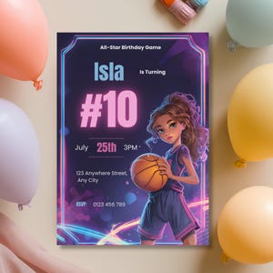 Basketball Birthday Invitation Girl Editable Canva Template, Modern Neon Sports Party Invite, Tween Girl Birthday Instant Download
