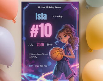 Basketball Birthday Invitation Girl Editable Canva Template, Modern Neon Sports Party Invite, Tween Girl Birthday Instant Download