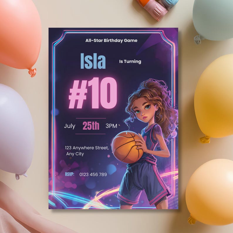 Girls basketball birthday invitation editable Canva template, modern neon sports party invite for tween girl birthday