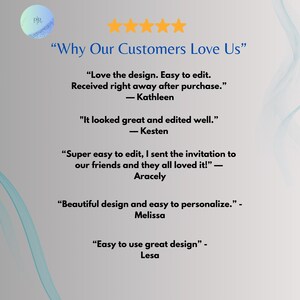 Five star customer reviews graphic for PRCreativeDigital showing testimonials praising the beautiful design, ease of editing, and instant delivery of the invitation template
