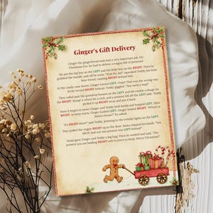 Left right Christmas game for kids, Ginger’s Gift Delivery gingerbread man story with short, simple words