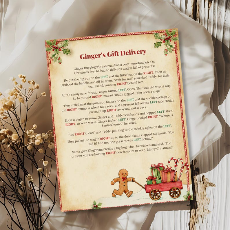 Left right Christmas game for kids, Ginger’s Gift Delivery gingerbread man story with short, simple words