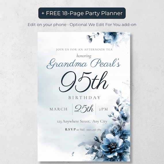 Elegant 95th birthday invitation for women with navy watercolor flowers