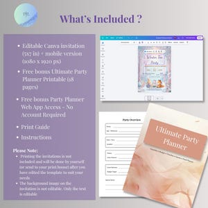 What's included: editable Canva tea party invitation in 5x7 and mobile sizes, free 18-page printable party planner, free party planner web app, print guide and instructions