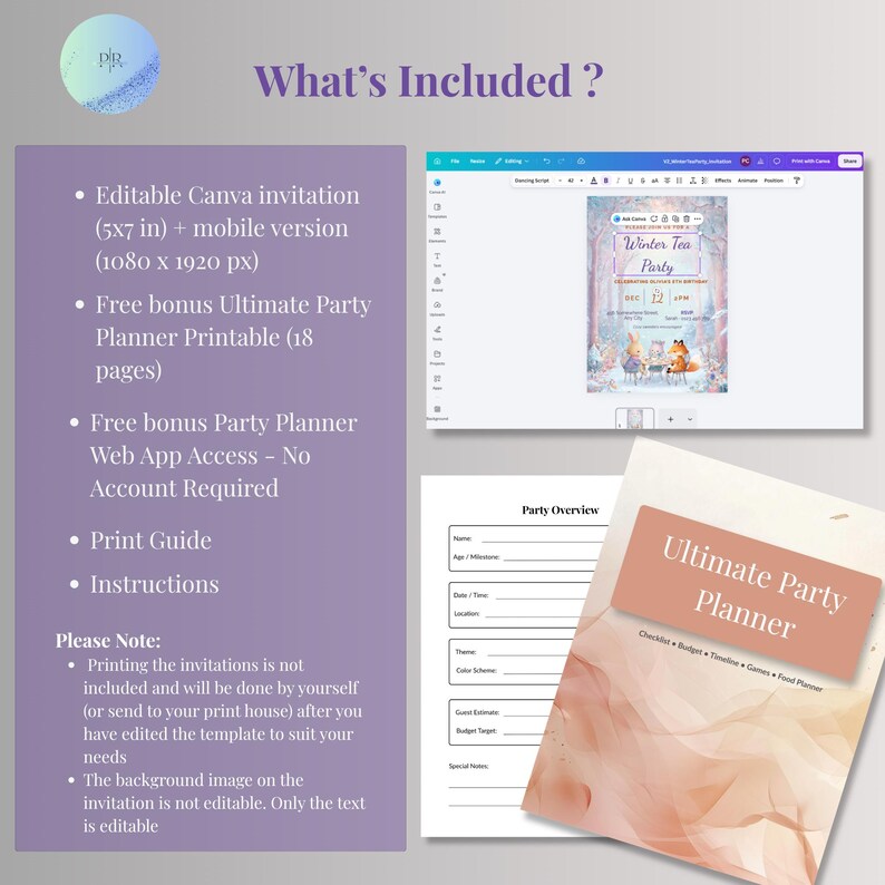 What's included: editable Canva tea party invitation in 5x7 and mobile sizes, free 18-page printable party planner, free party planner web app, print guide and instructions