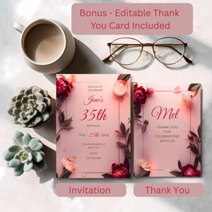 Editable Canva birthday invitation and thank you card with blush pink background and floral accents, minimalist and feminine party invite template