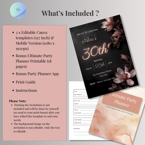 Graphic showing what's included with the black and blush birthday invitation template — editable Canva files, mobile version, and bonus party planner