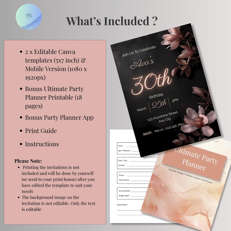 Graphic showing what's included with the black and blush birthday invitation template — editable Canva files, mobile version, and bonus party planner