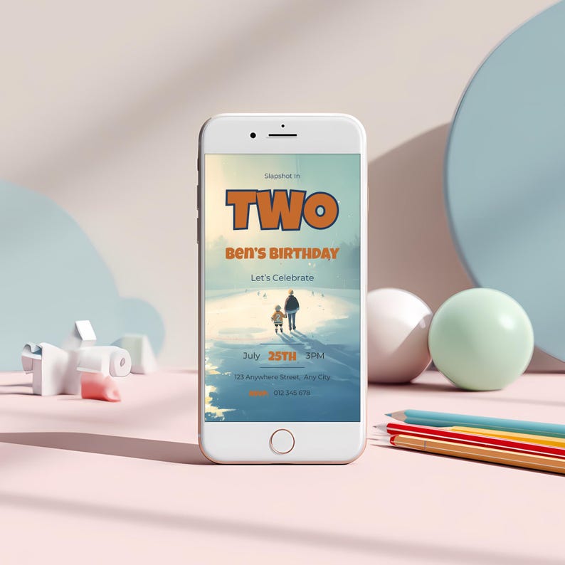 Ice hockey 2nd birthday invitation displayed on a mobile phone screen, featuring a child in a number 2 jersey walking onto an ice rink with a parent, editable Canva template
