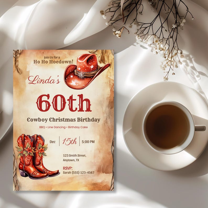 Western Christmas birthday invitation customized for Linda's 60th birthday hoedown with a red cowboy hat and poinsettia boots on white linen