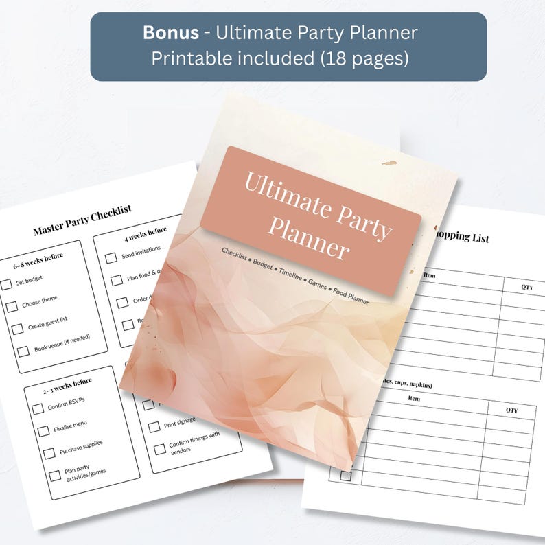 Free bonus 18-page printable party planner included with the grim reaper birthday invitation, showing checklist and shopping list pages