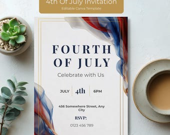 4th Of July Invitation Template, Minimalist Patriotic Party Invite, Editable Canva Template, Modern July 4th Party Invite