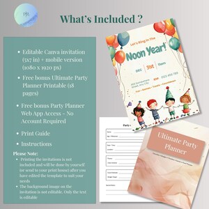 What's included: editable 5x7 Noon Year invitation, 1080x1920 mobile version, free 18-page printable party planner, free party planner web app, print guide and instructions