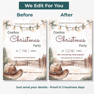 Before and after of a cowboy Christmas party invitation, showing template text replaced with the buyer’s own party details, venue and RSVP
