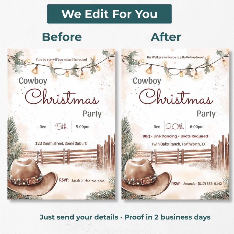 Before and after of a cowboy Christmas party invitation, showing template text replaced with the buyer’s own party details, venue and RSVP