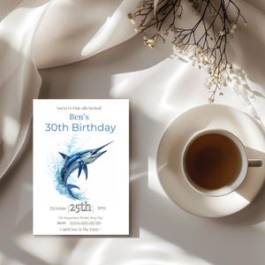 Ocean themed fishing birthday invitation with marlin illustration, mens milestone birthday invite editable in Canva