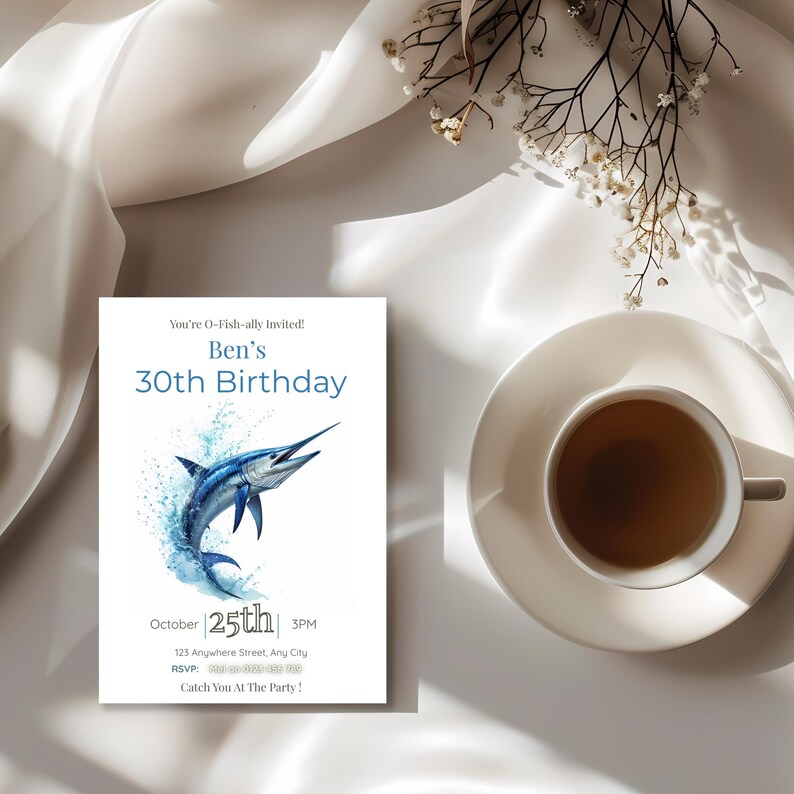 Ocean themed fishing birthday invitation with marlin illustration, mens milestone birthday invite editable in Canva