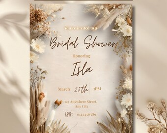 Boho Bridal Brunch Invitation Template, Minimalist Pampas Neutral Invite, Editable in Canva, Instant Download