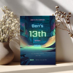 Teenage boy birthday party invite with electric blue and acid green neon lighting illustration