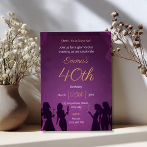 Purple gold surprise birthday invitation printable editable Canva template women milestone birthday party invite elegant glamorous