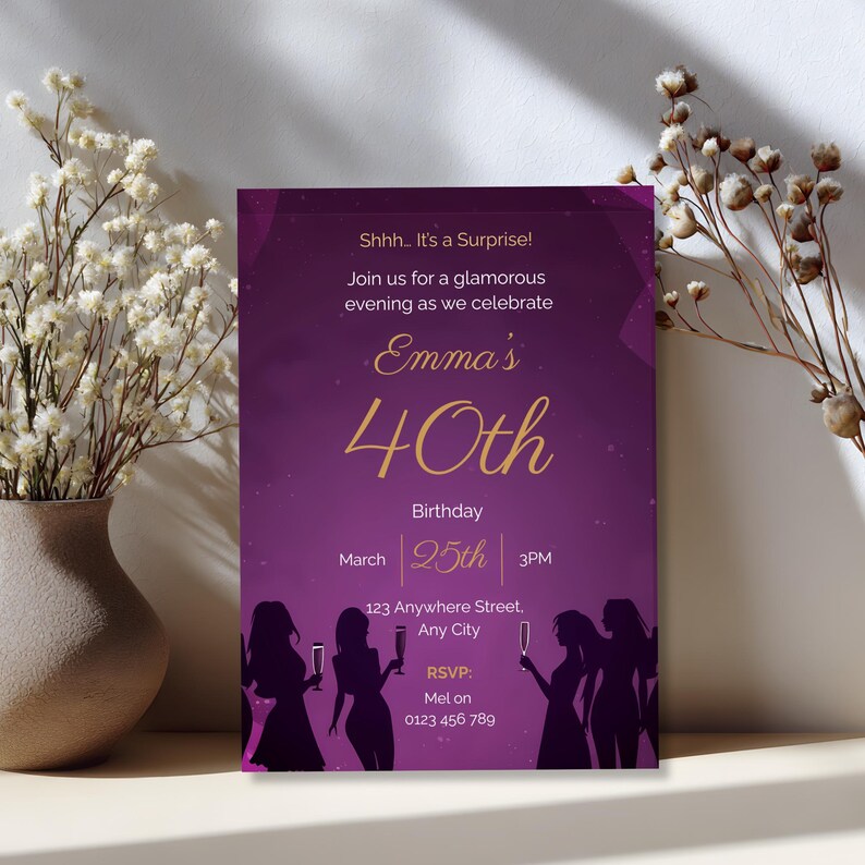 Purple gold surprise birthday invitation printable editable Canva template women milestone birthday party invite elegant glamorous