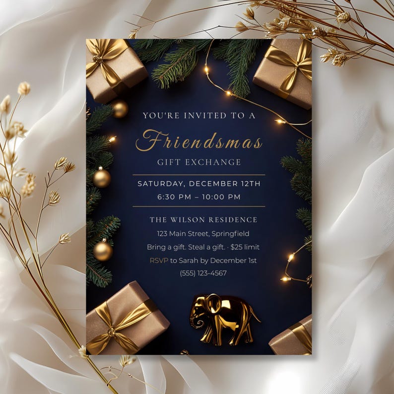The same navy and gold invitation edited to read Friendsmas Gift Exchange, showing the wording can be changed for Friendsmas, Dirty Santa or Yankee Swap parties