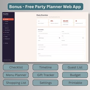 Free digital party planner web app bonus included with this winter tea party invitation, featuring an event overview dashboard, checklist, budget tracker, guest list, and shopping list tools.