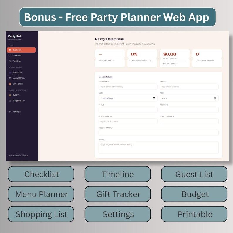 Free digital party planner web app bonus included with this winter tea party invitation, featuring an event overview dashboard, checklist, budget tracker, guest list, and shopping list tools.