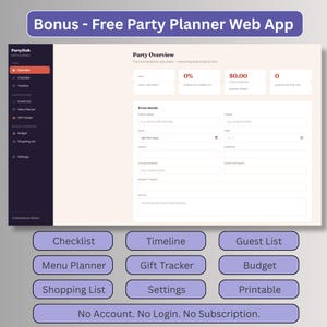 Free bonus party planner web app with checklist, timeline, guest list, menu planner, gift tracker, budget and shopping list, no account needed