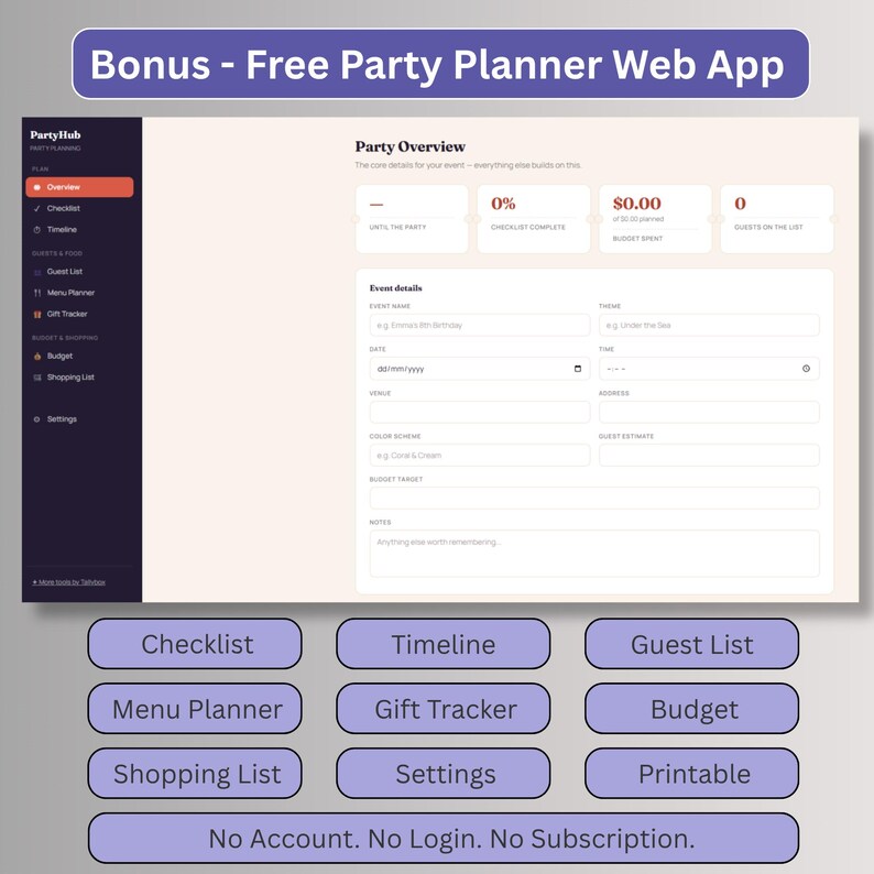 Free bonus party planner web app with checklist, timeline, guest list, menu planner, gift tracker, budget and shopping list, no account needed