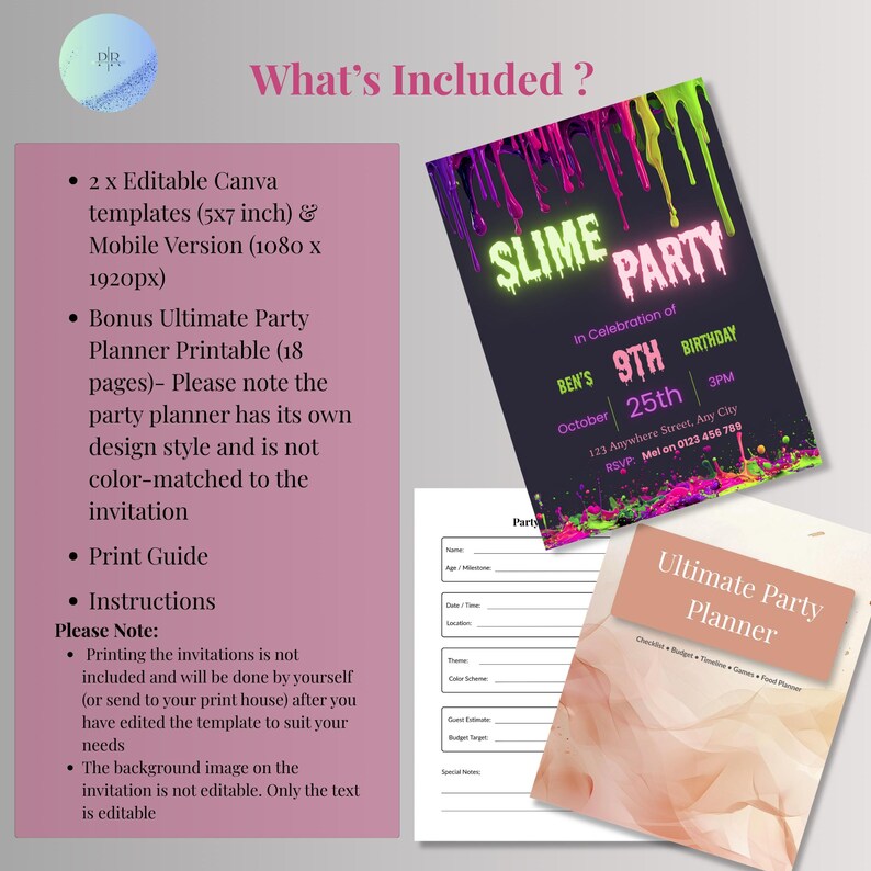 What's included with this slime party invitation: two editable Canva templates in 5x7 and mobile sizes, plus a free 18-page Ultimate Party Planner bonus and print guide.