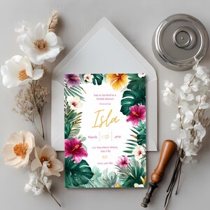 Modern tropical bridal shower invitation with clean white centre and balanced palm leaf floral frame