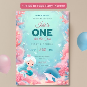 Oneder the Sea first birthday invitation with a baby mermaid and dolphin in an aqua and coral sea, a big teal ONE, and a free 18-page party planner banner.