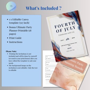 What's included page showing editable Canva invitation template and free Ultimate Party Planner printable PDF bonus with 18 planning pages