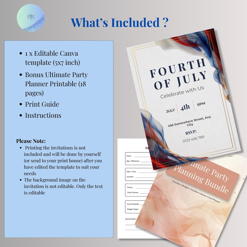 What's included page showing editable Canva invitation template and free Ultimate Party Planner printable PDF bonus with 18 planning pages
