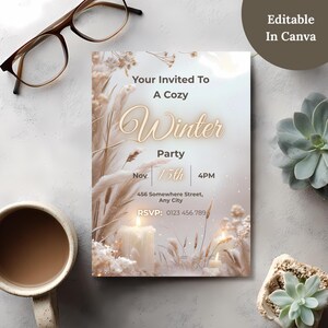 Editable in Canva candlelit winter invitation template styled with coffee and succulents
