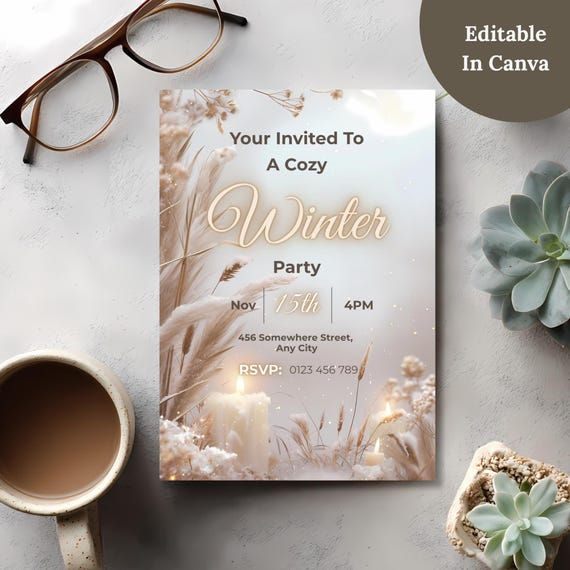 Editable in Canva candlelit winter invitation template styled with coffee and succulents